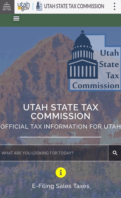 GIF of the mobile version of the Utah State Tax Commission website. The hamburger menu is opened and then closed.